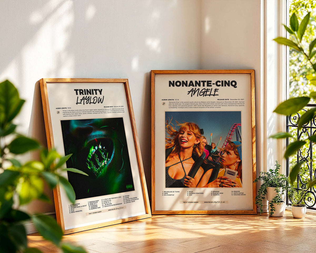 Deux posters d'albums de rap mythiques encadrés et posés contre un mur dans un salon moderne.