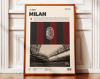 Poster minimaliste encadré de l'AC Milan posé contre un mur bien visible, décoration sportive italienne et moderne.