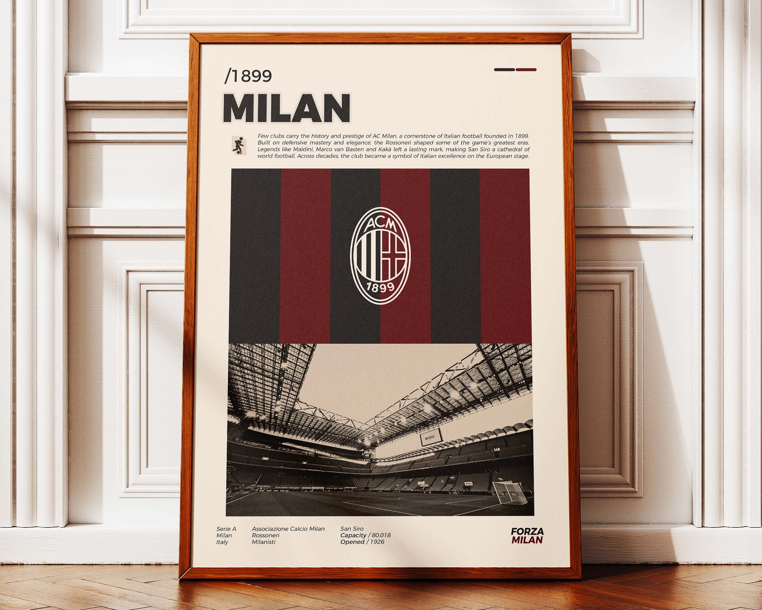 Poster minimaliste encadré de l'AC Milan posé contre un mur bien visible, décoration sportive italienne et moderne.