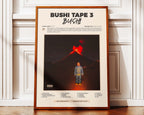 Poster minimaliste encadré de Bushi Tape 3 posé contre un mur bien visible, décoration rap futuriste.