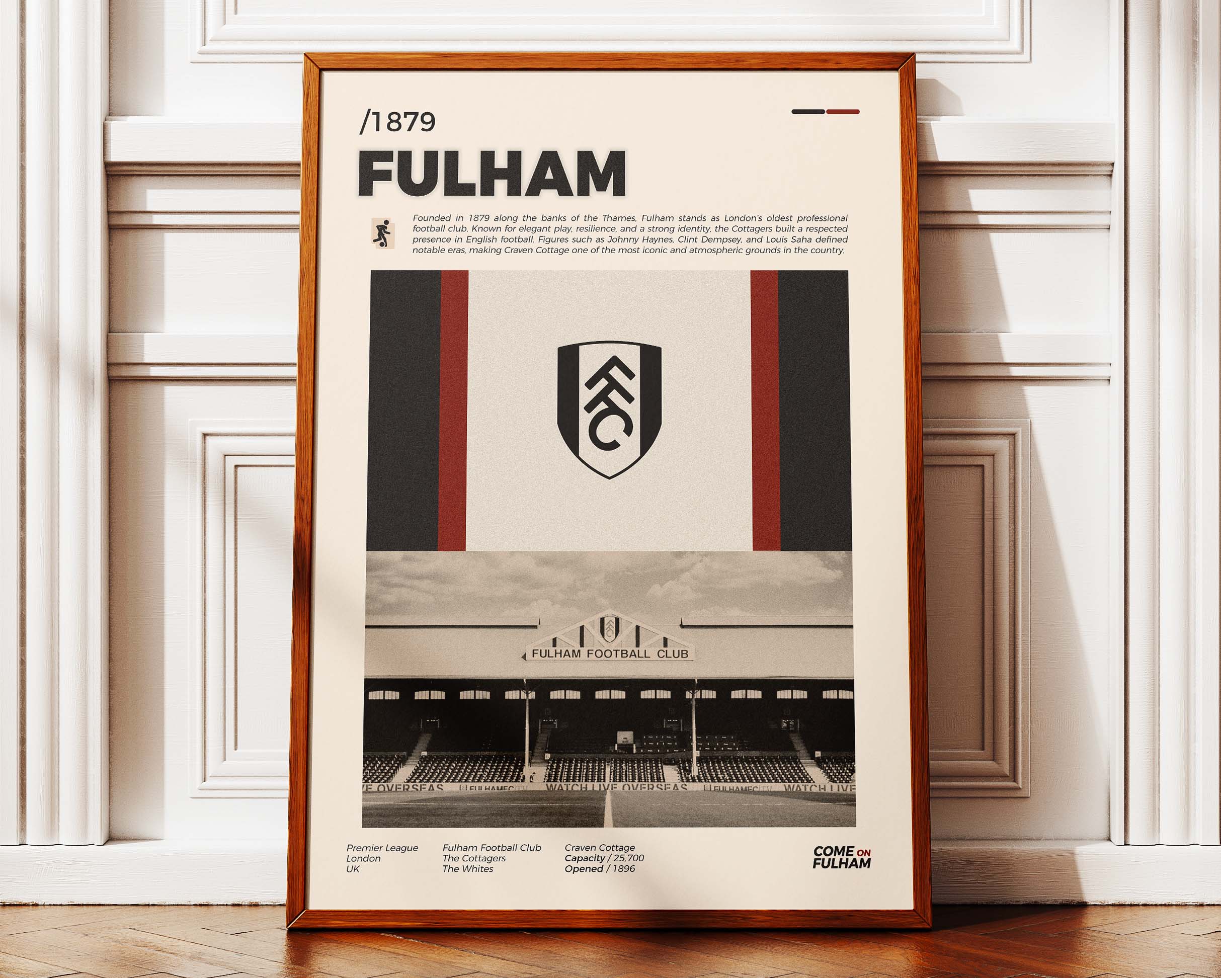 Poster minimaliste encadré de Fulham posé contre un mur bien visible, décoration football de Londres.