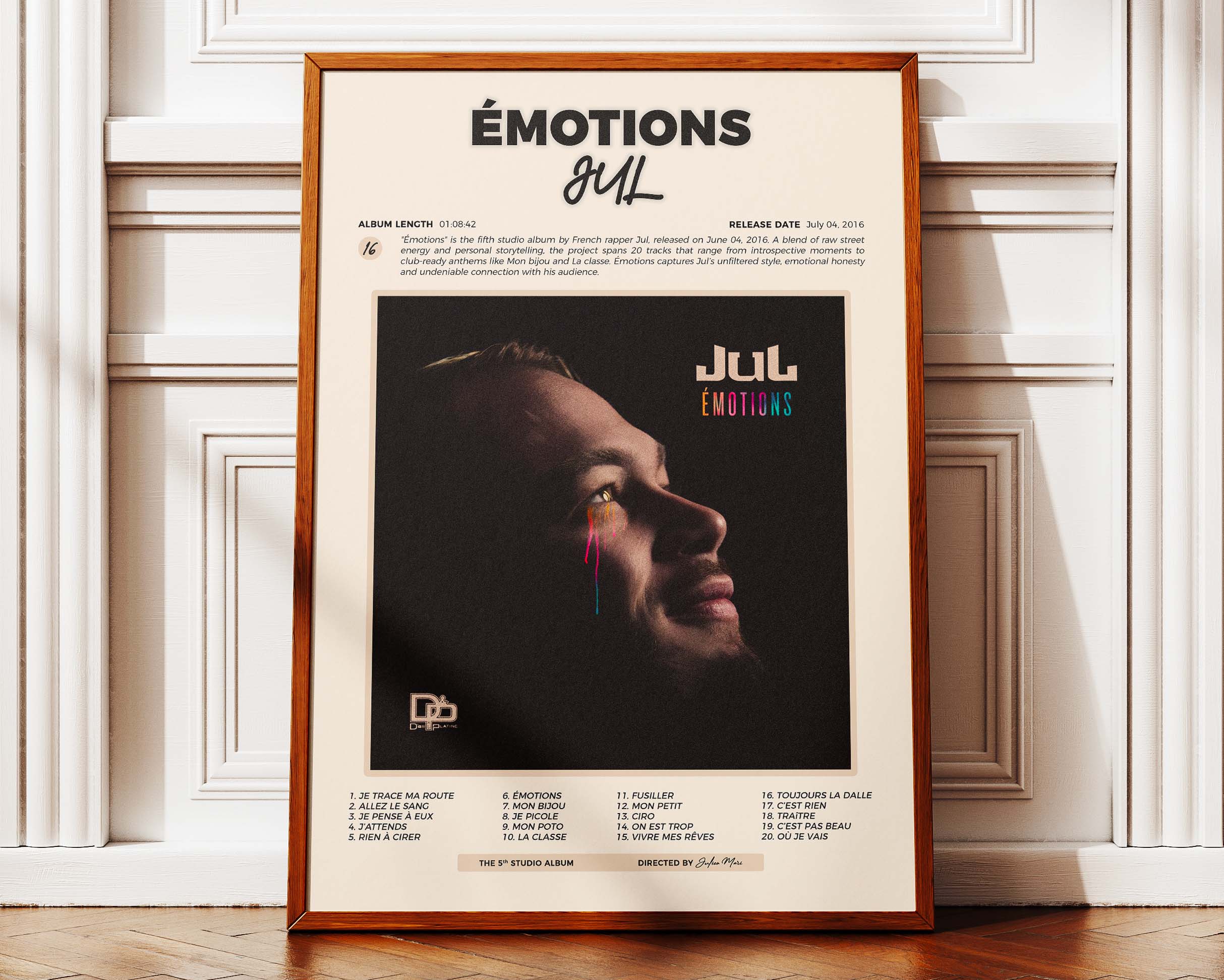 Affiche de l'album Émotions de Jul présentée dans un cadre en bois massif, finition élégante pour une décoration murale urbaine haut de gamme.