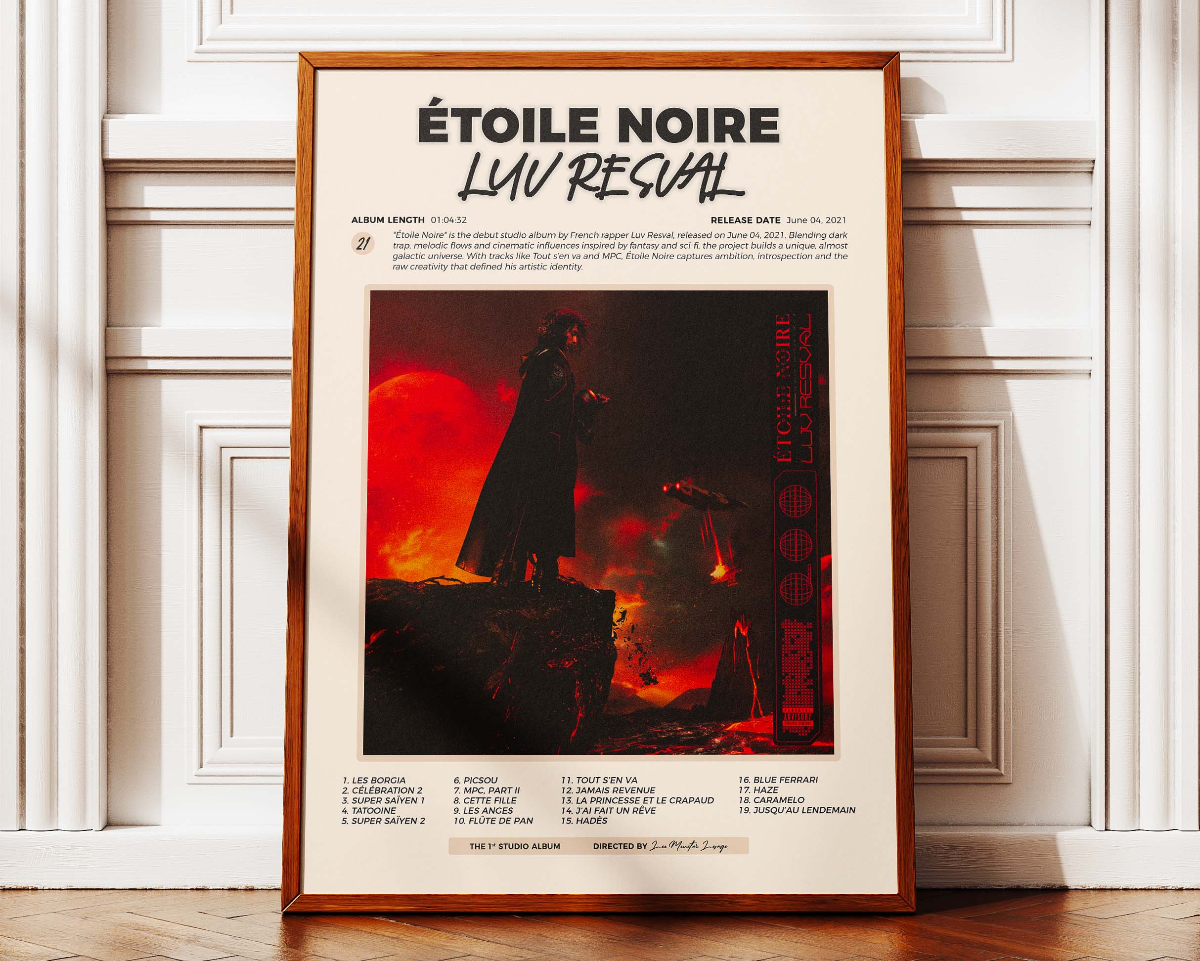 Affiche de l'album Étoile Noire de Luv Resval présentée dans un cadre en bois massif, finition élégante pour une décoration murale artistique haut de gamme.