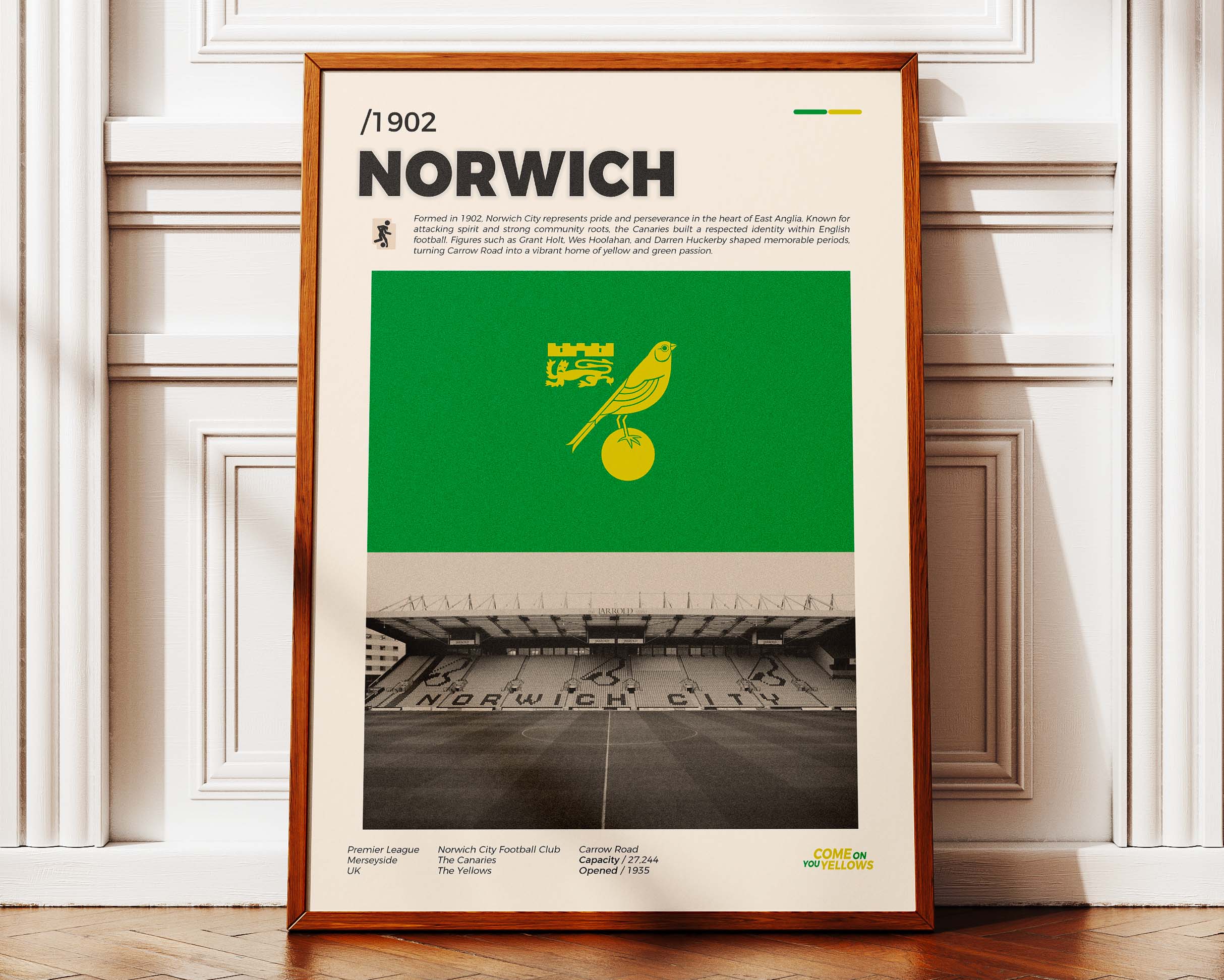 Poster minimaliste de l'affiche Norwich City posé contre un mur, esprit Carrow Road et design moderne.