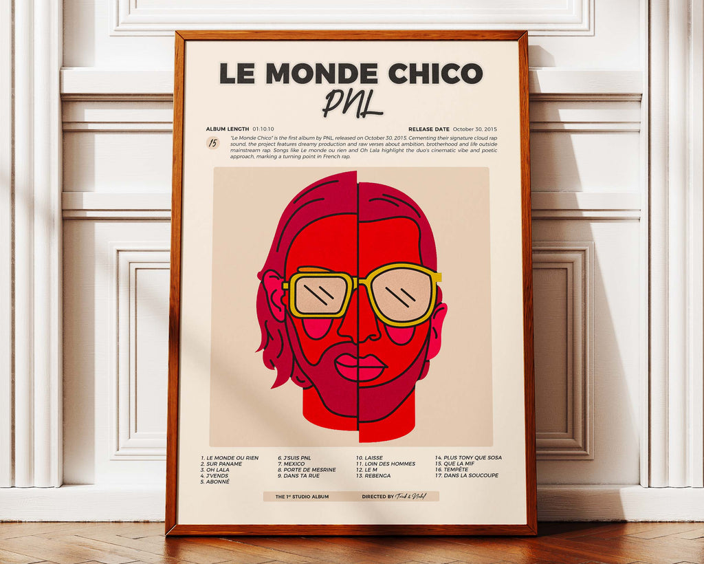 Poster minimaliste encadré de PNL Le Monde Chico posé contre un mur bien visible, décoration cloud rap.