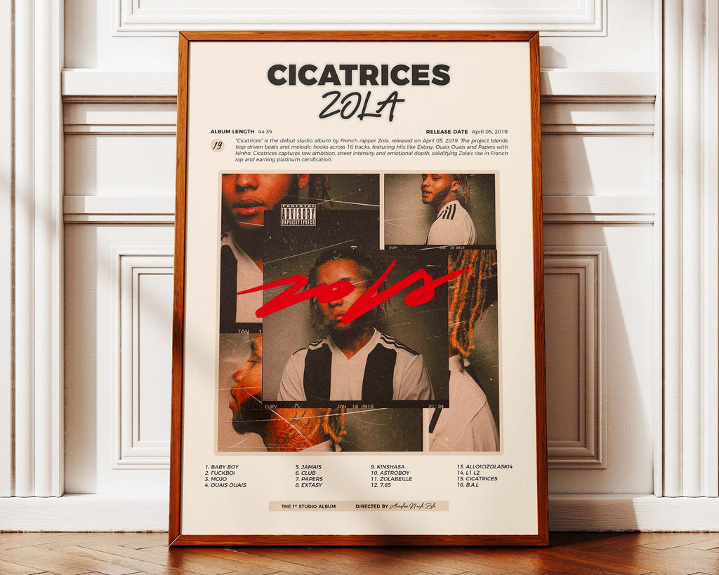 Affiche de l'album Cicatrices de Zola présentée dans un cadre en bois massif, finition élégante pour une décoration murale urbaine haut de gamme.