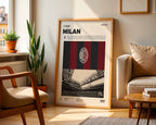 Poster minimaliste encadré du club AC Milan posé contre un mur dans un salon lumineux, art mural de football série A.