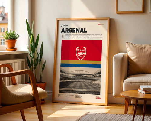 Poster minimaliste encadré du club Arsenal FC posé contre un mur dans un salon lumineux, art mural de football Premier League.