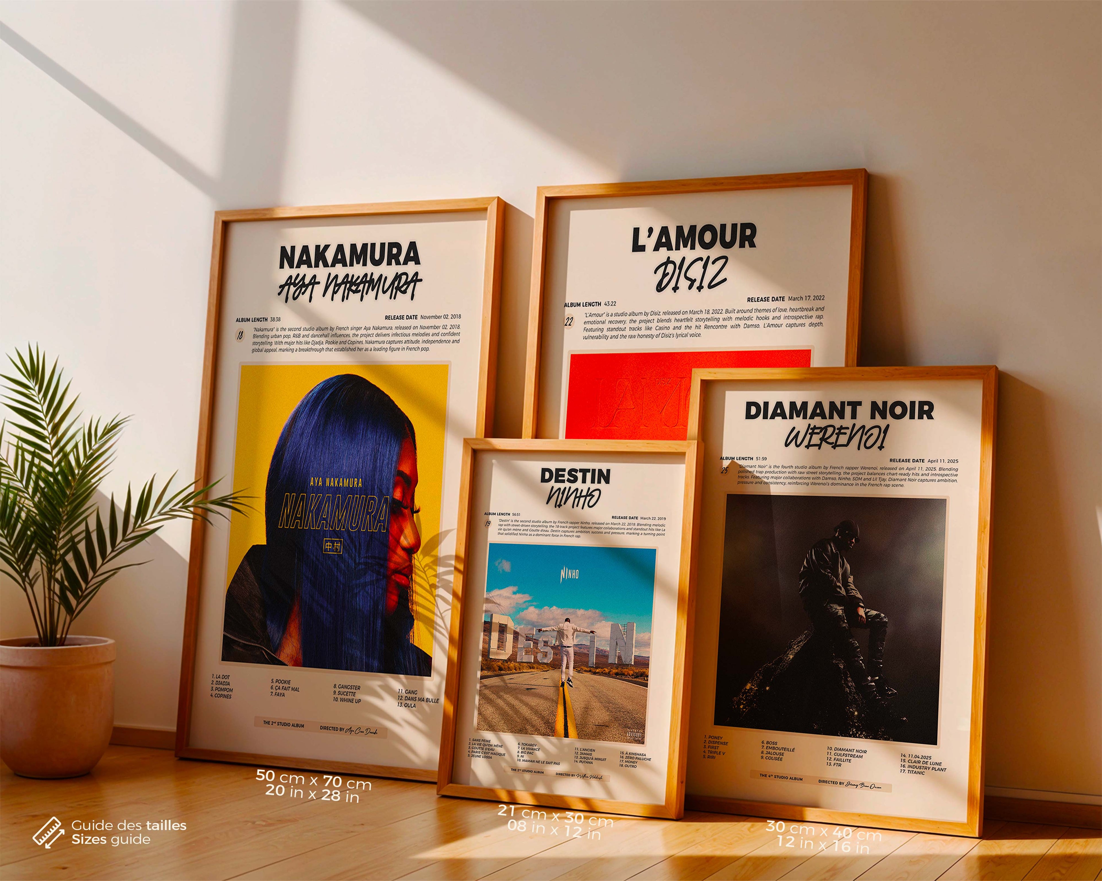 Guide des dimensions pour posters et affiches encadrés, comparatif des formats A4, 30x40 et 50x70 cm posés contre un mur.