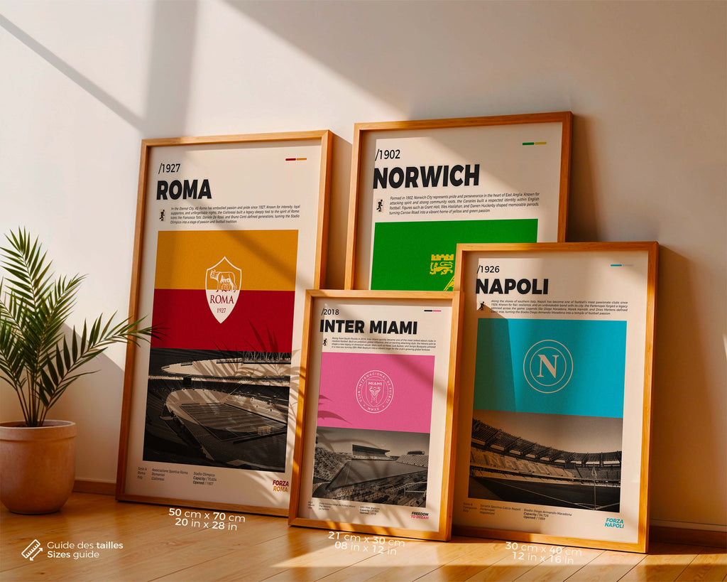 Guide des dimensions pour posters et affiches sur les clubs de football encadrés, comparatif des formats A4, 30x40 et 50x70 cm posés contre un mur.