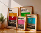 Guide des dimensions pour posters et affiches sur les clubs de football encadrés, comparatif des formats A4, 30x40 et 50x70 cm posés contre un mur.