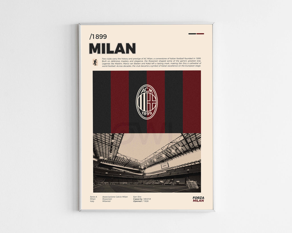 Poster minimaliste encadré de l'AC Milan bien visible sur fond blanc, logo club de foot Italie, impression premium.