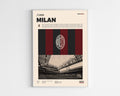 Poster minimaliste encadré de l'AC Milan bien visible sur fond blanc, logo club de foot Italie, impression premium.