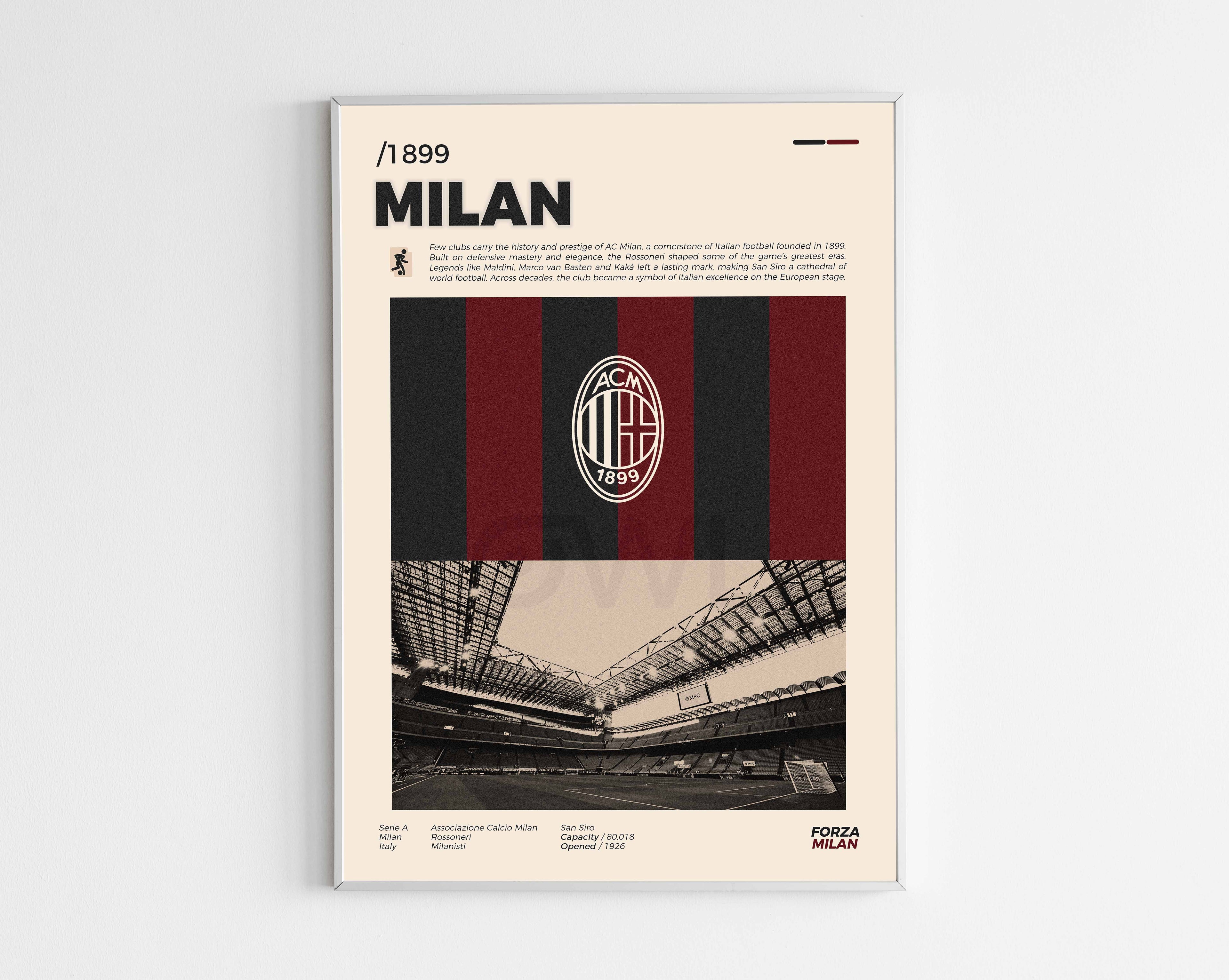 Poster minimaliste encadré de l'AC Milan bien visible sur fond blanc, logo club de foot Italie, impression premium.