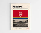 Poster minimaliste encadré d'Arsenal FC bien visible sur fond blanc, logo club de foot Londres, impression premium.