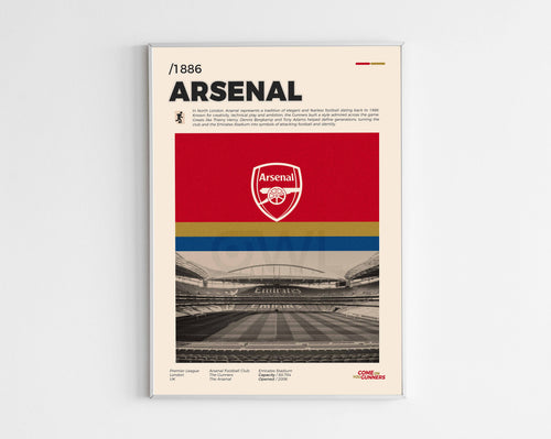 Poster minimaliste encadré d'Arsenal FC bien visible sur fond blanc, logo club de foot Londres, impression premium.