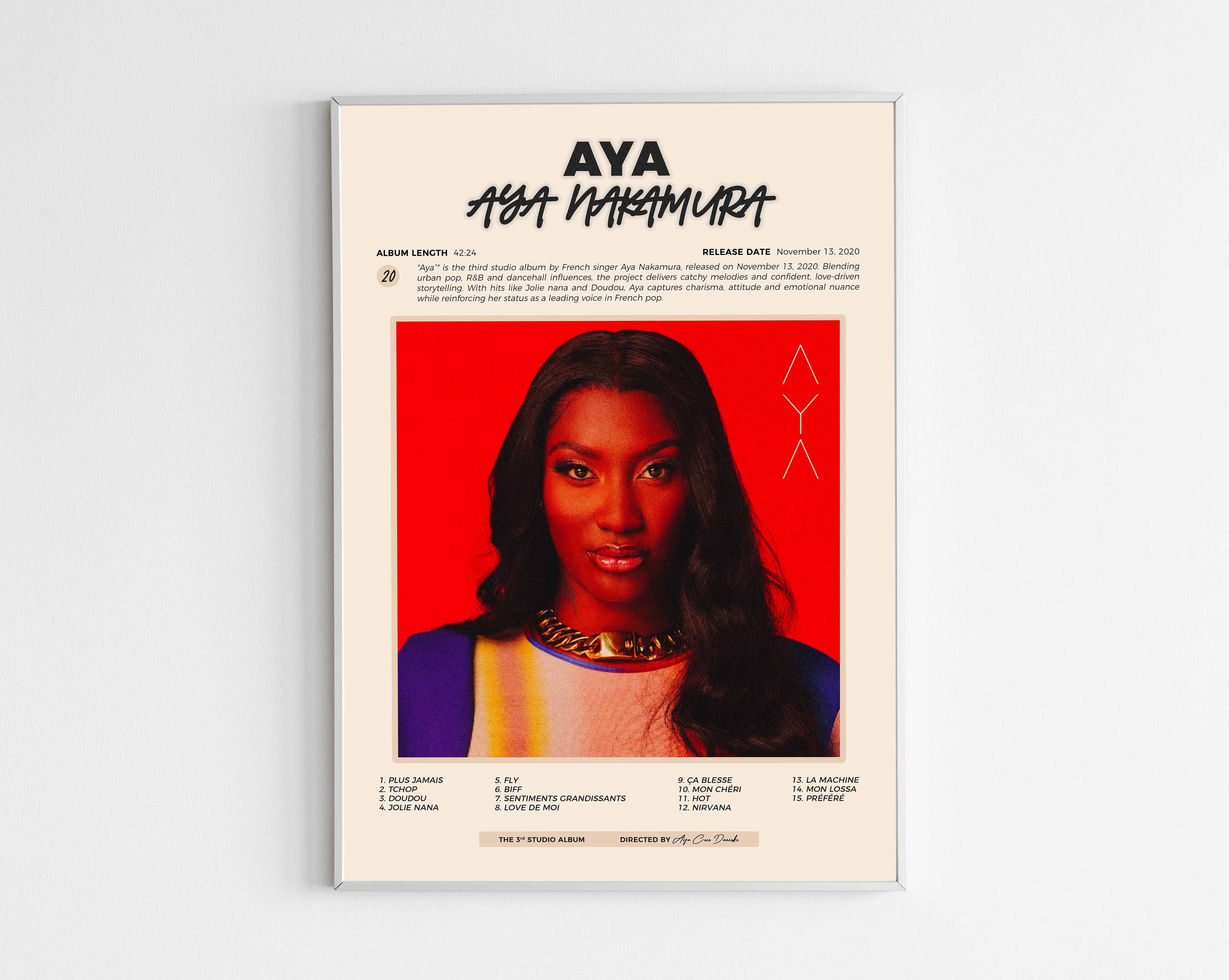 Poster minimaliste encadré de l'album Aya de Aya Nakamura bien visible sur fond blanc, impression premium 300g.