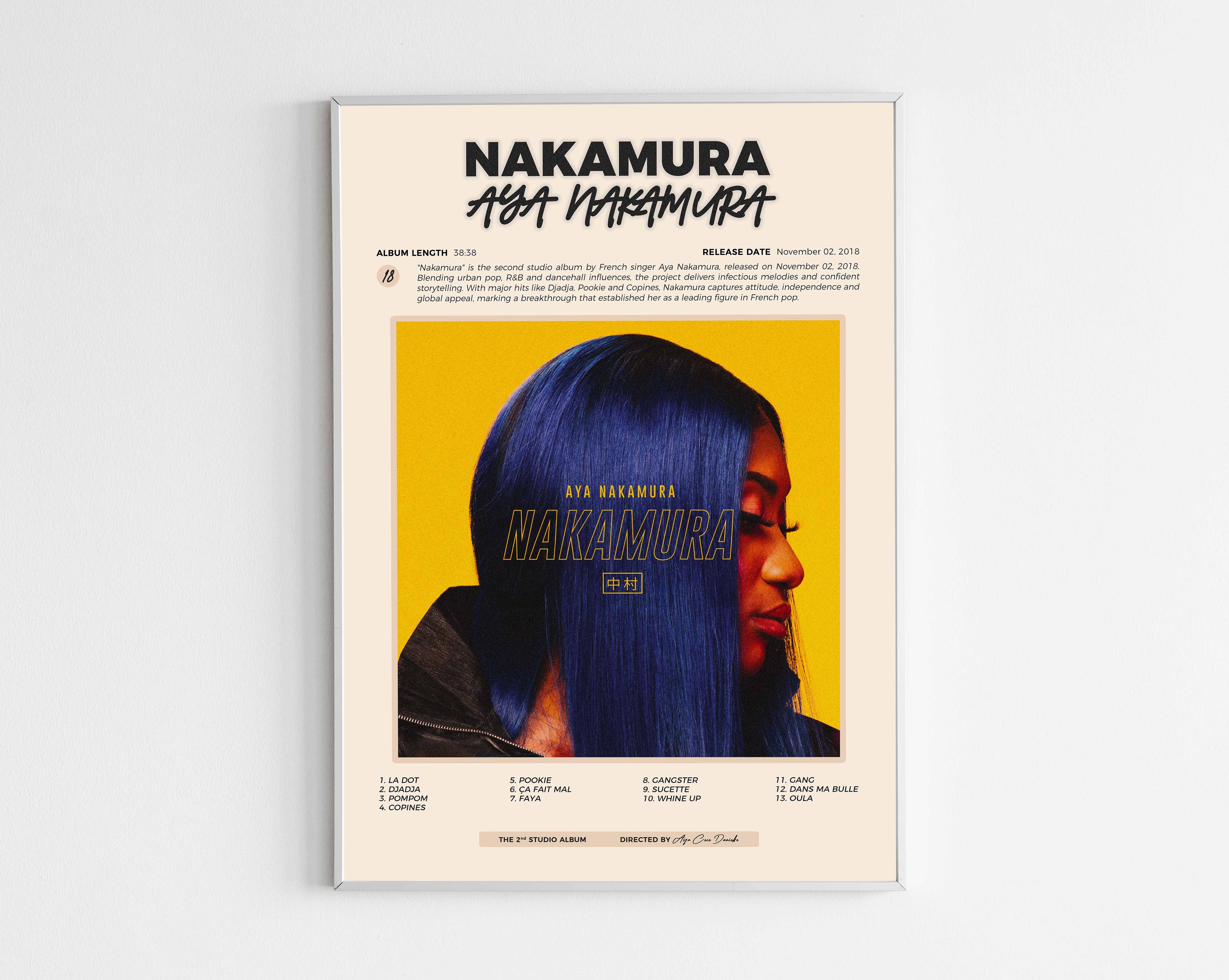 Poster minimaliste encadré de l'album Nakamura de Aya Nakamura bien visible sur fond blanc, impression premium 300g.