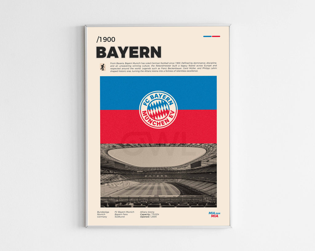 Poster minimaliste encadré du Bayern Munich bien visible sur fond blanc, logo club de foot Allemagne, impression premium.