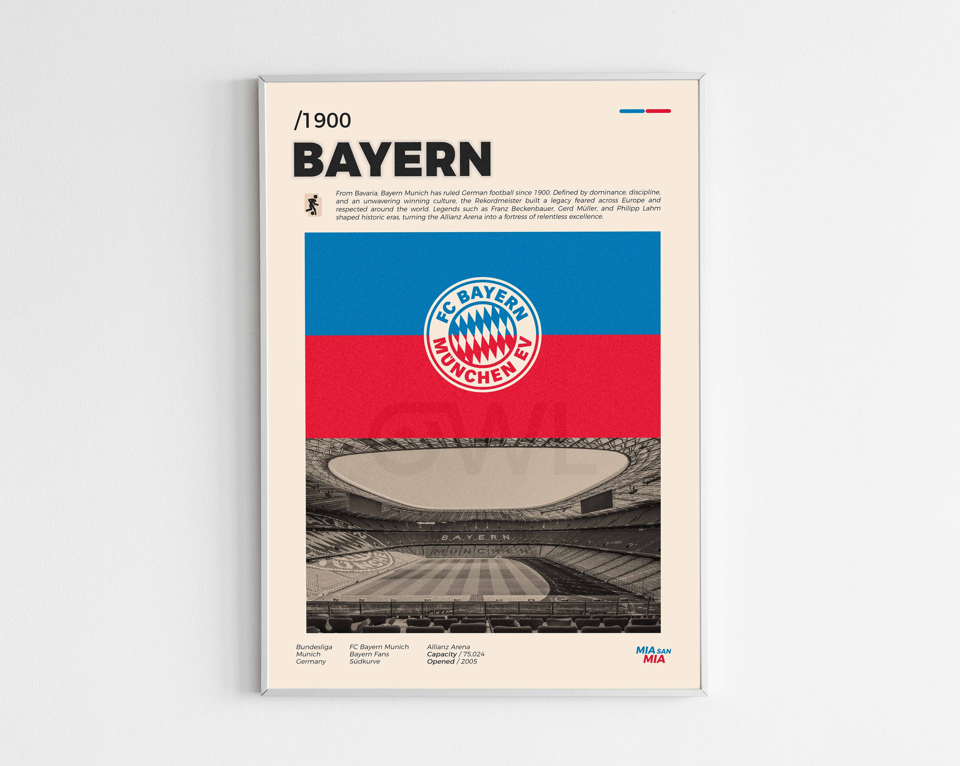 Poster minimaliste encadré du Bayern Munich bien visible sur fond blanc, logo club de foot Allemagne, impression premium.