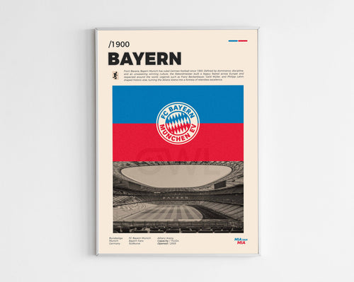 Poster minimaliste encadré du Bayern Munich bien visible sur fond blanc, logo club de foot Allemagne, impression premium.