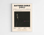 Poster minimaliste encadré de l'album Batterie Faible de Damso bien visible sur fond blanc, impression premium 300g.