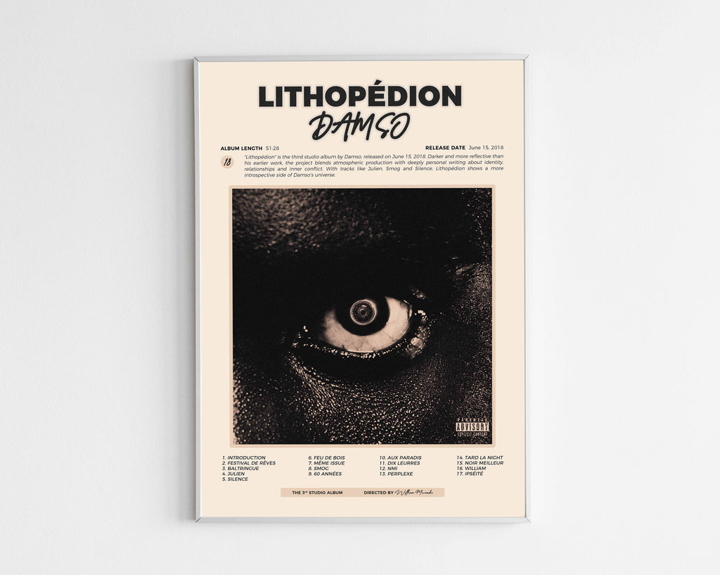 Poster minimaliste encadré de l'album Lithopédion de Damso bien visible sur fond blanc, impression premium 300g.