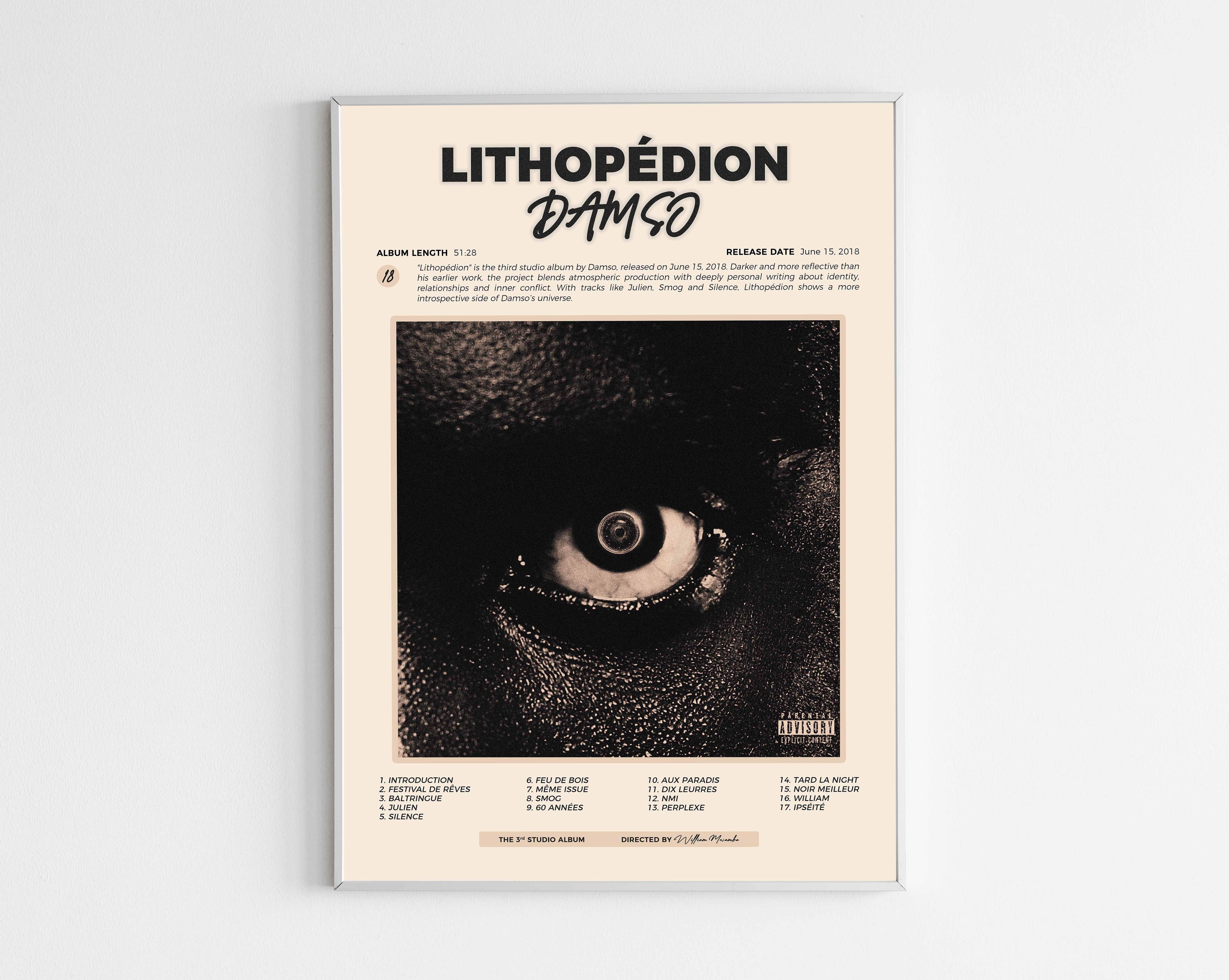 Poster minimaliste encadré de l'album Lithopédion de Damso bien visible sur fond blanc, impression premium 300g.