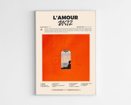 Poster design de l'album L'Amour de Disiz, style minimaliste avec tracklist et détails de production, idéal pour collectionneur de rap et pop française.