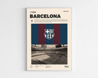 Poster minimaliste encadré du FC Barcelone bien visible sur fond blanc, logo club de foot Barça, impression premium.