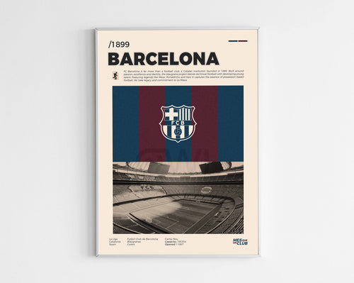 Poster minimaliste encadré du FC Barcelone bien visible sur fond blanc, logo club de foot Barça, impression premium.