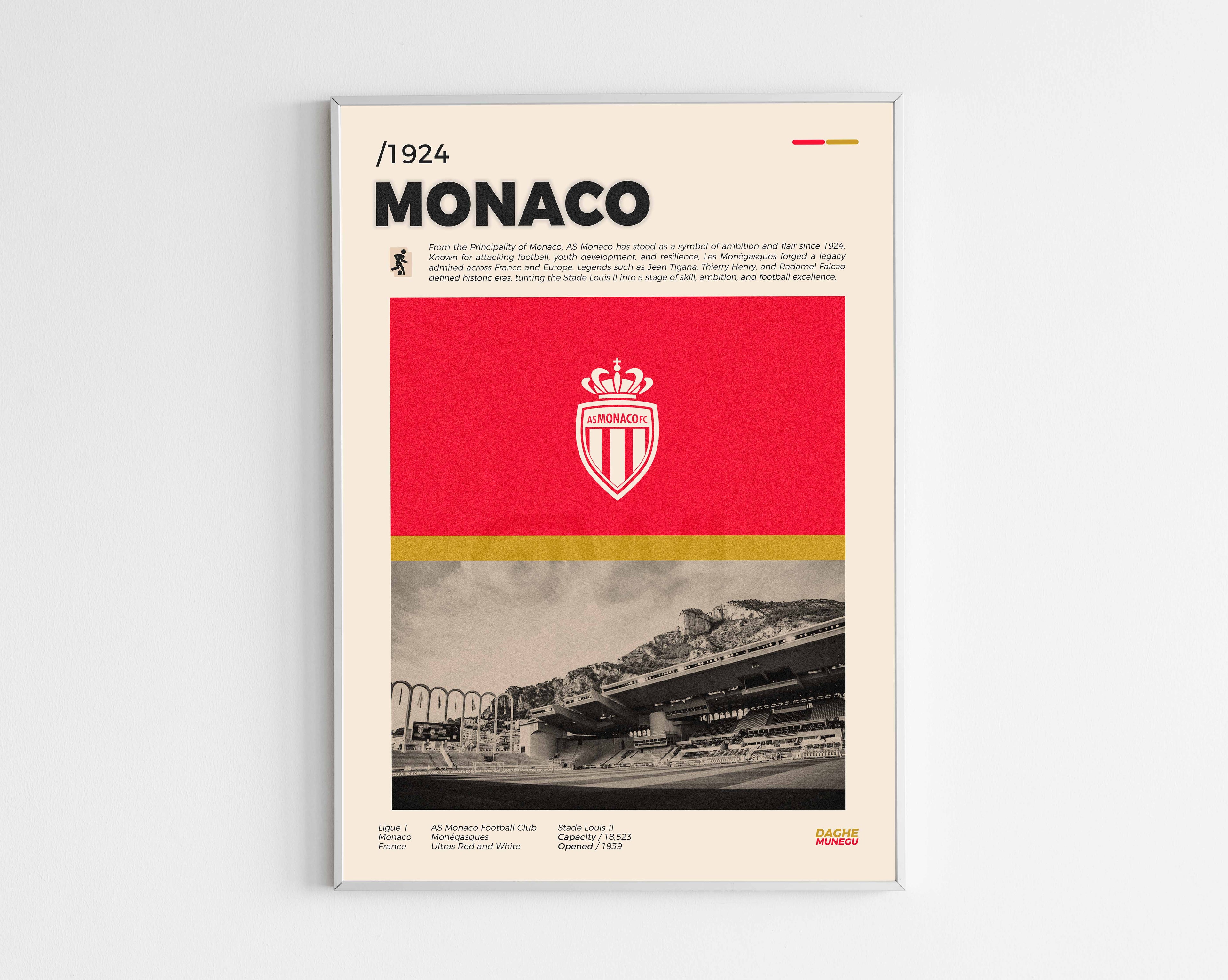 Poster minimaliste encadré de l'AS Monaco bien visible sur fond blanc, impression premium 300g.