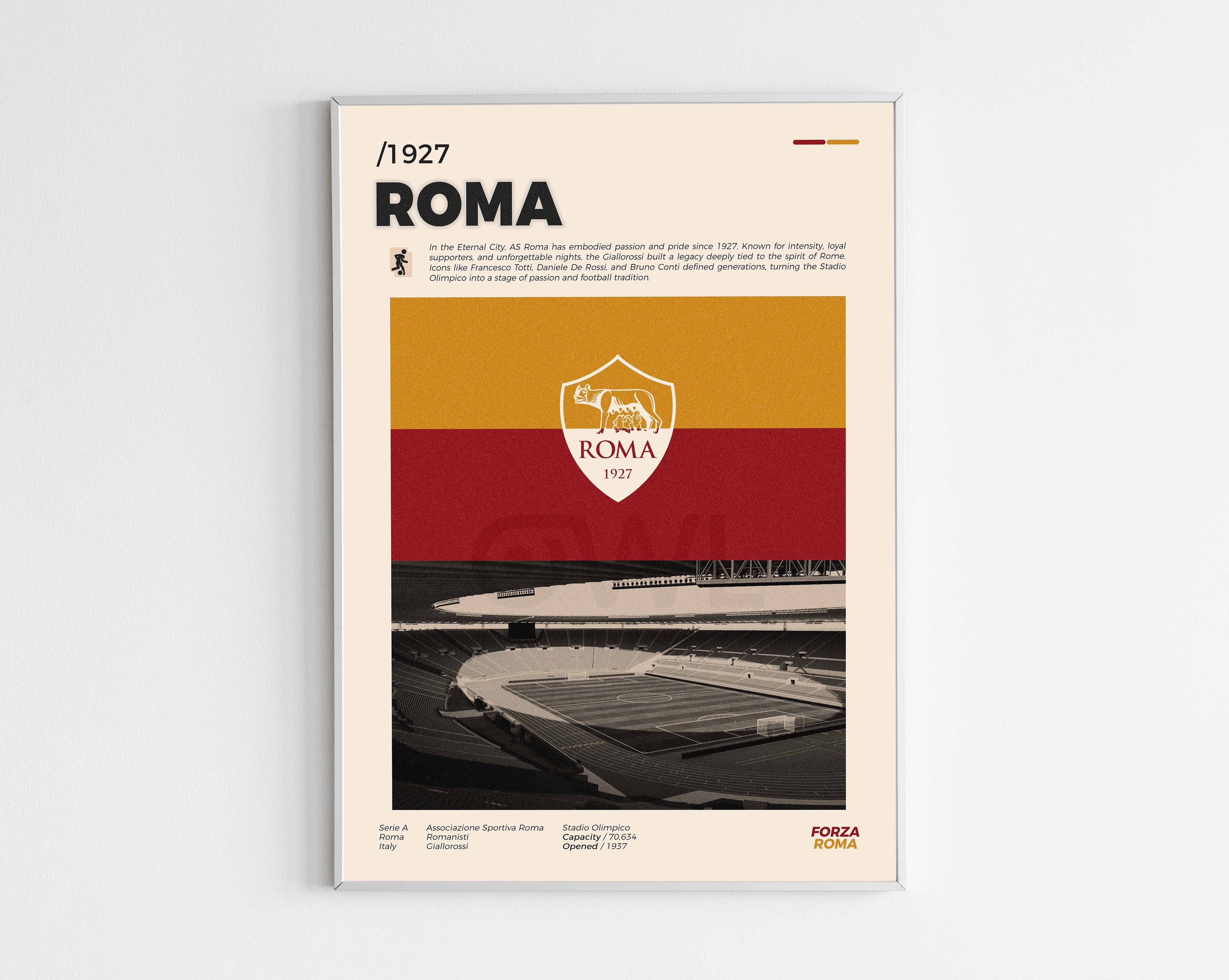 Poster minimaliste encadré de l'AS Roma bien visible sur fond blanc, impression premium 300g.