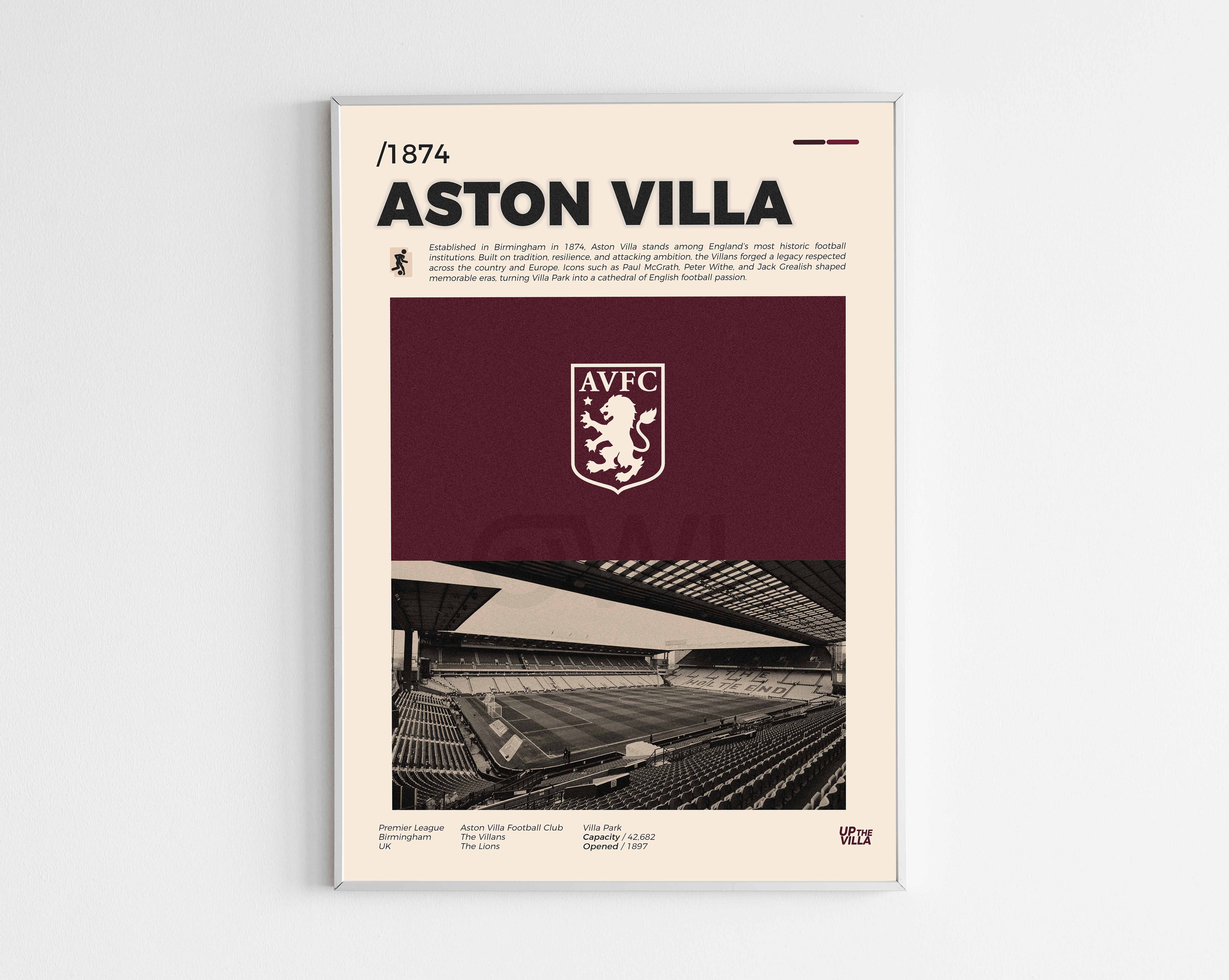 Poster minimaliste encadré du club de football Aston Villa bien visible sur fond blanc, impression premium 300g.