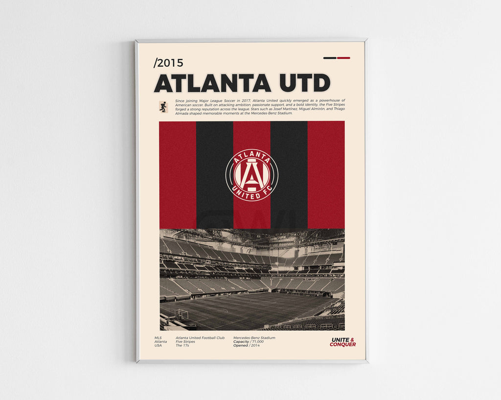 Poster minimaliste encadré du club Atlanta United bien visible sur fond blanc, impression premium 300g.