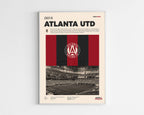 Poster minimaliste encadré du club Atlanta United bien visible sur fond blanc, impression premium 300g.
