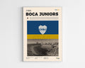 Poster minimaliste encadré du club Boca Juniors bien visible sur fond blanc, impression premium 300g.