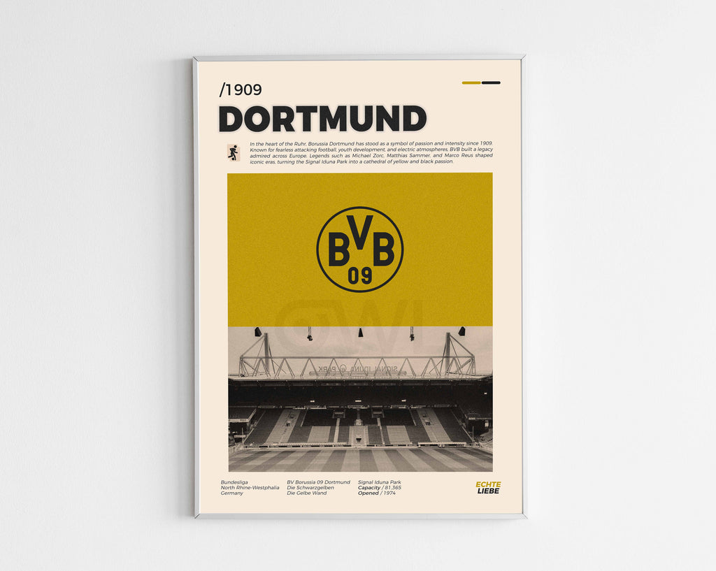 Poster minimaliste encadré du club Borussia Dortmund bien visible sur fond blanc, impression premium 300g.