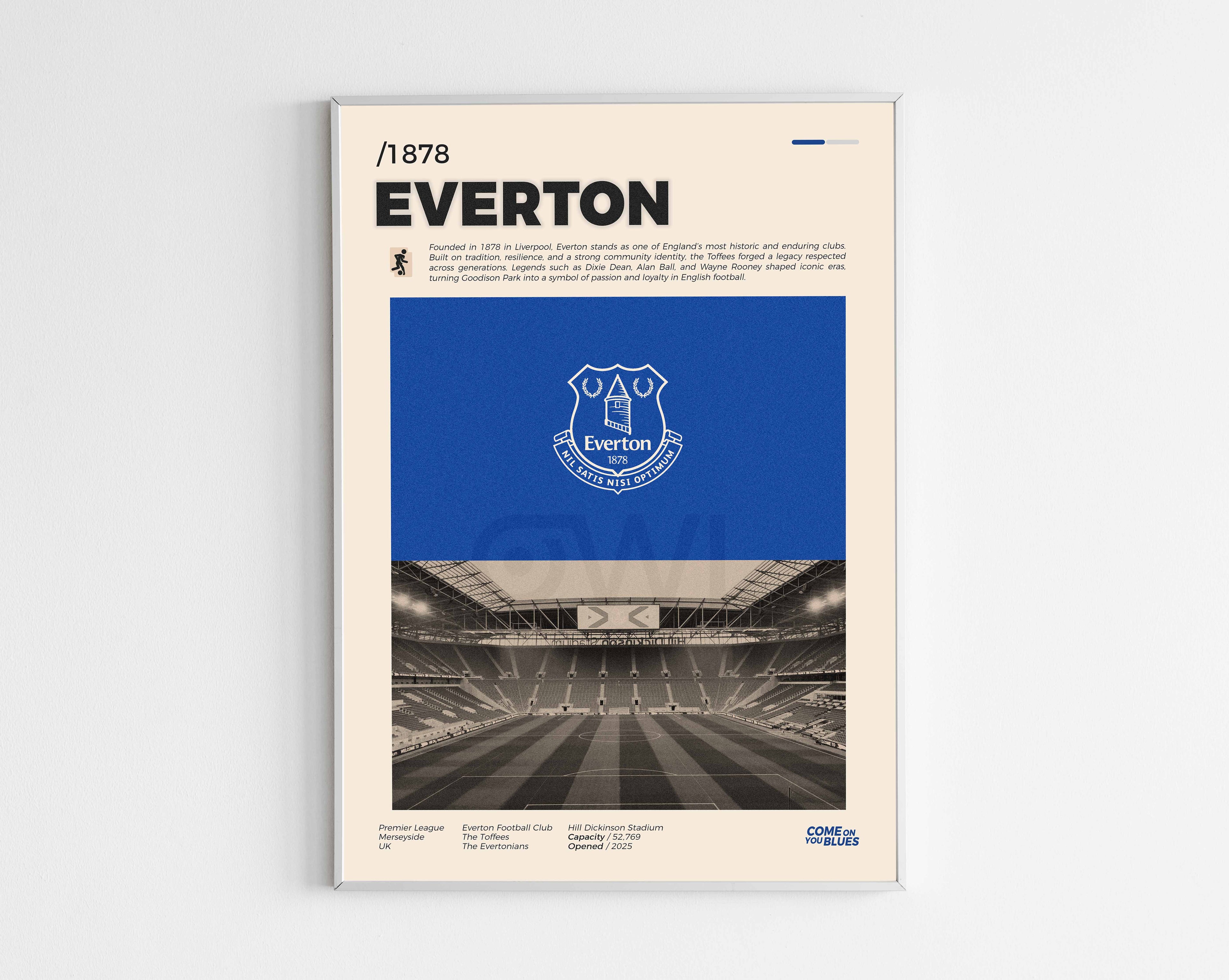 Poster minimaliste encadré du club de football Everton bien visible sur fond blanc, impression premium 300g.