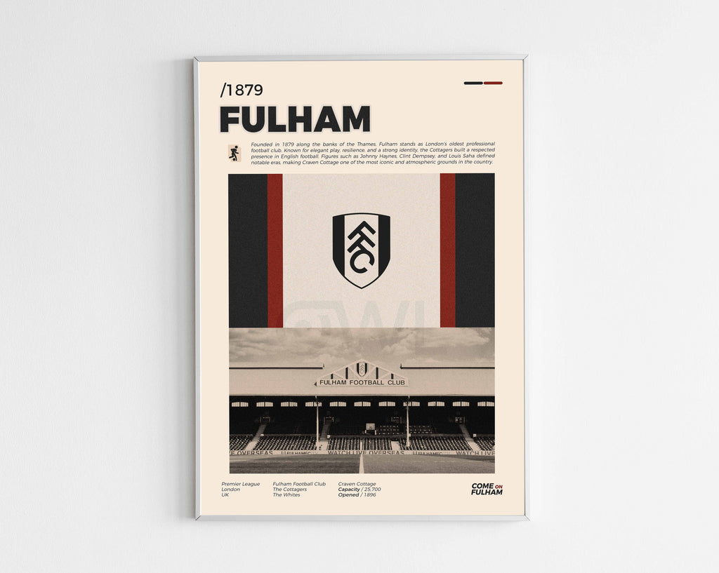Poster minimaliste encadré du club de football Fulham bien visible sur fond blanc, impression premium 300g.