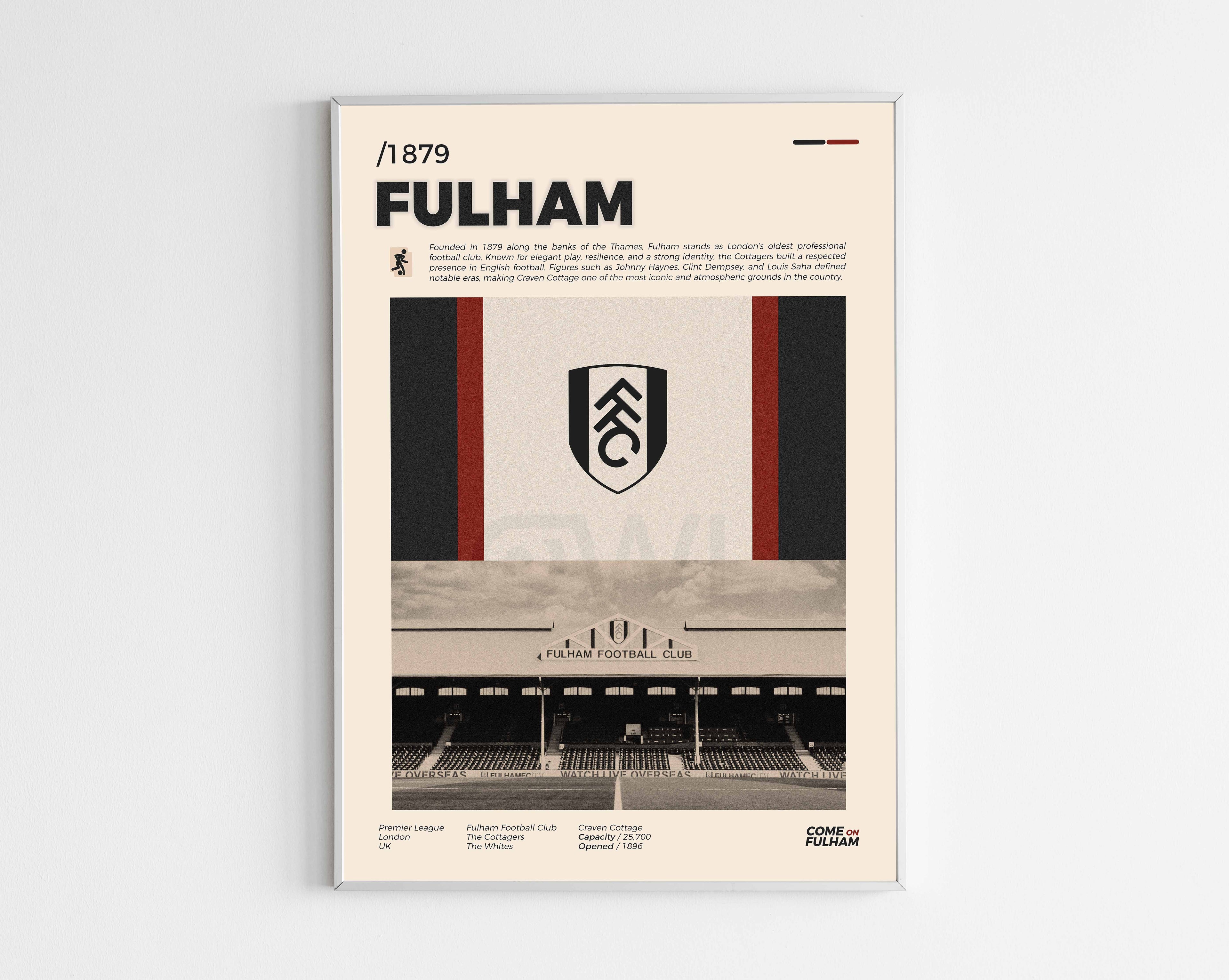 Poster minimaliste encadré du club de football Fulham bien visible sur fond blanc, impression premium 300g.