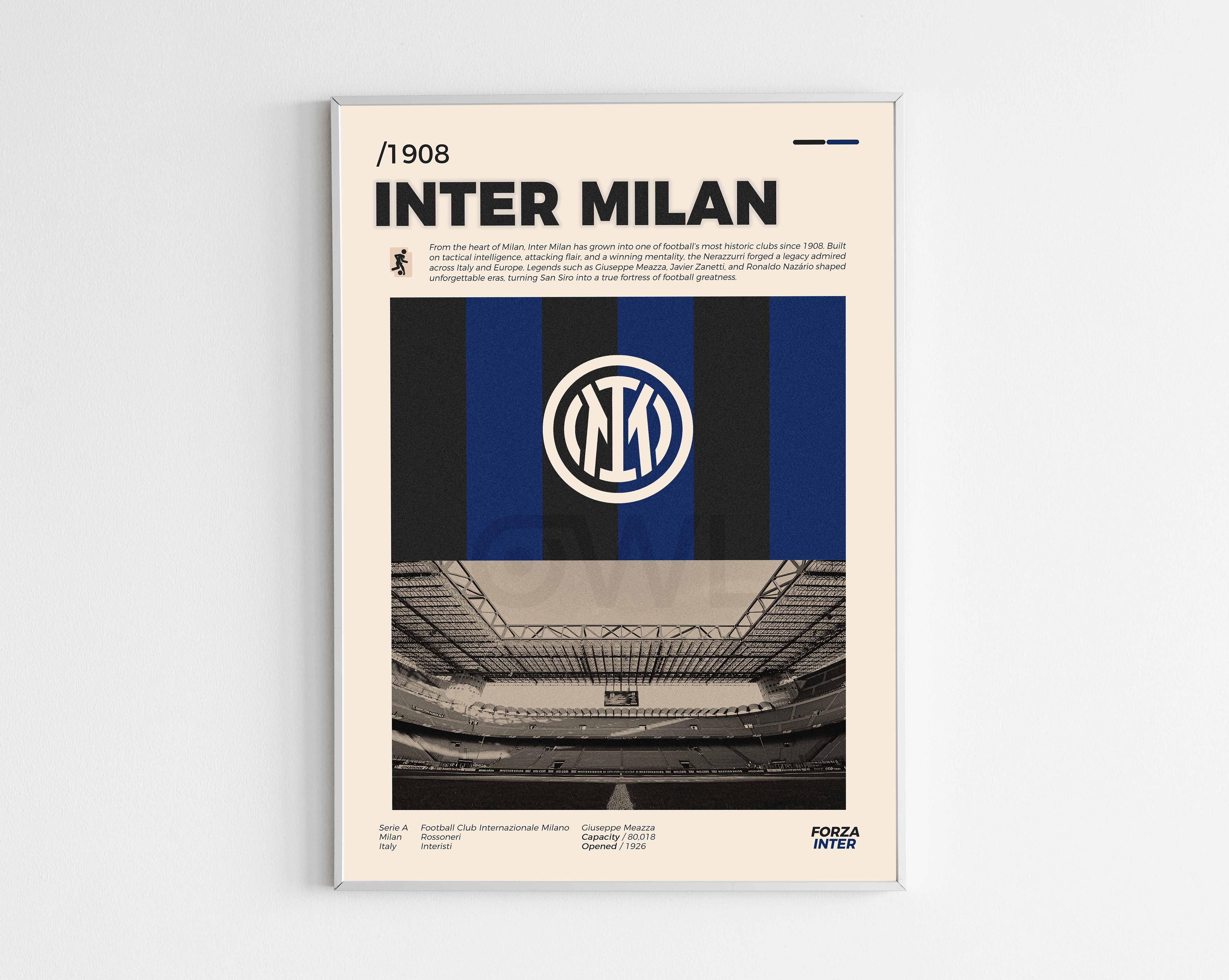 Poster minimaliste encadré de l'Inter Milan bien visible sur fond blanc, impression premium 300g.