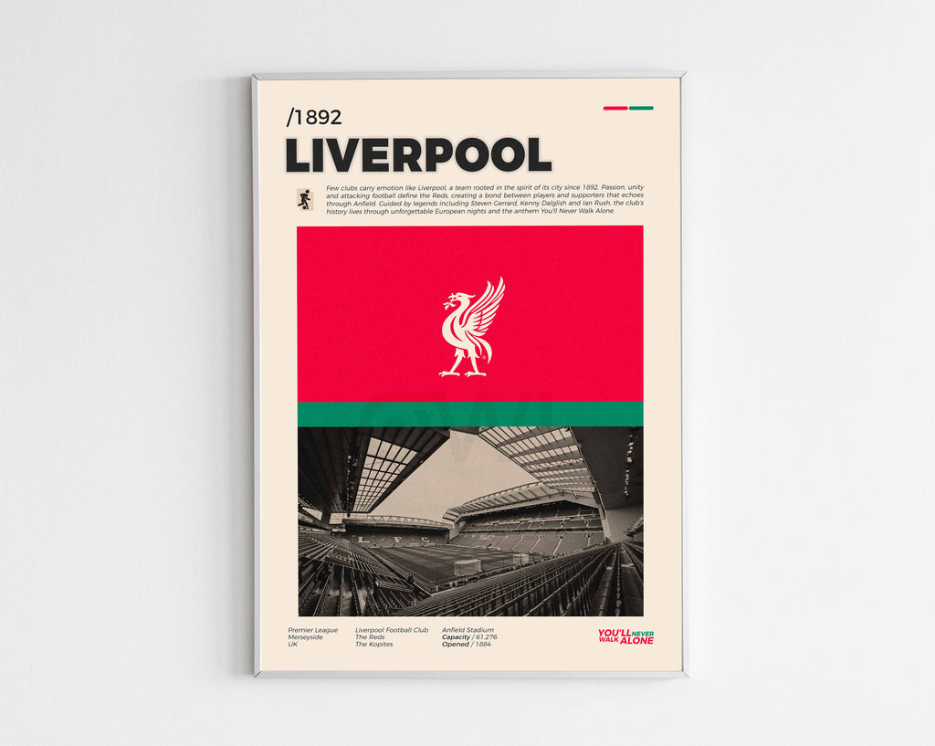 Poster minimaliste encadré du club Liverpool FC bien visible sur fond blanc, impression premium 300g.