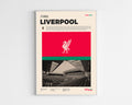 Poster minimaliste encadré du club Liverpool FC bien visible sur fond blanc, impression premium 300g.