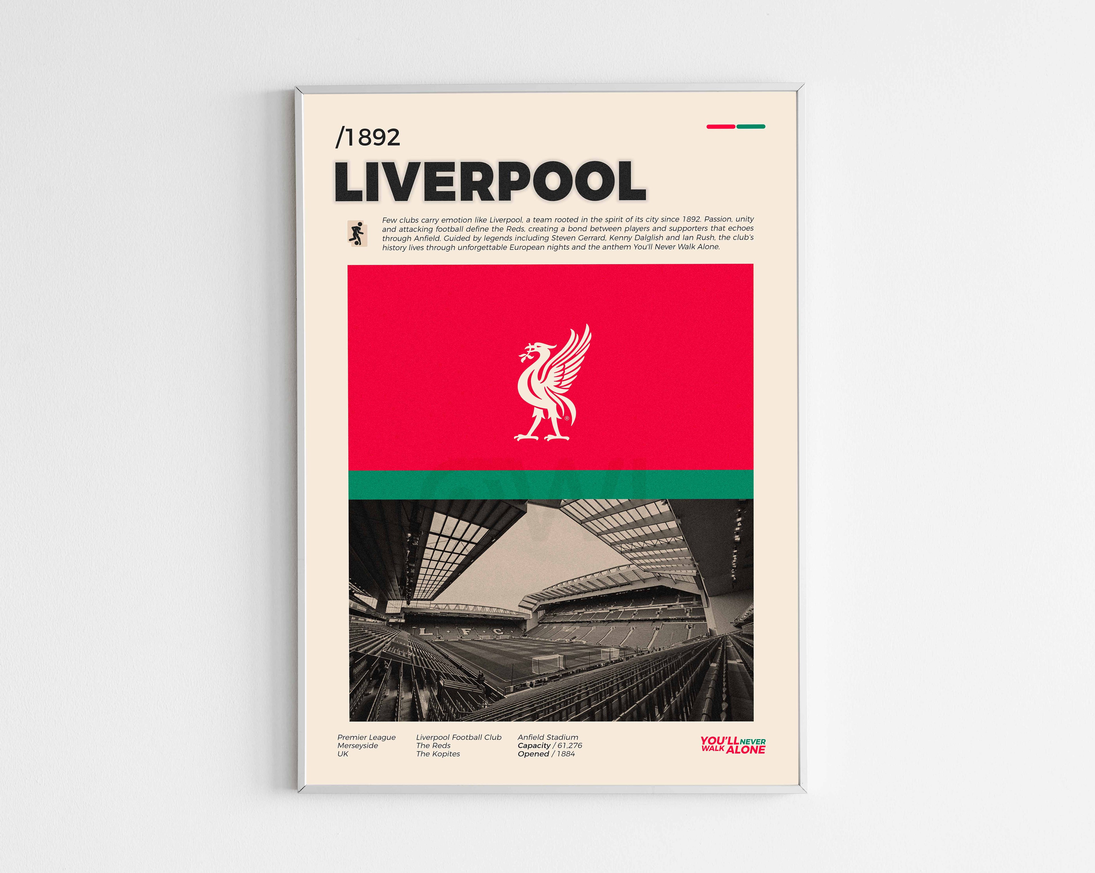 Poster minimaliste encadré du club Liverpool FC bien visible sur fond blanc, impression premium 300g.