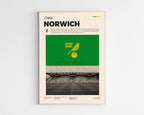 Poster minimaliste encadré du club Norwich City bien visible sur fond blanc, impression premium 300g.