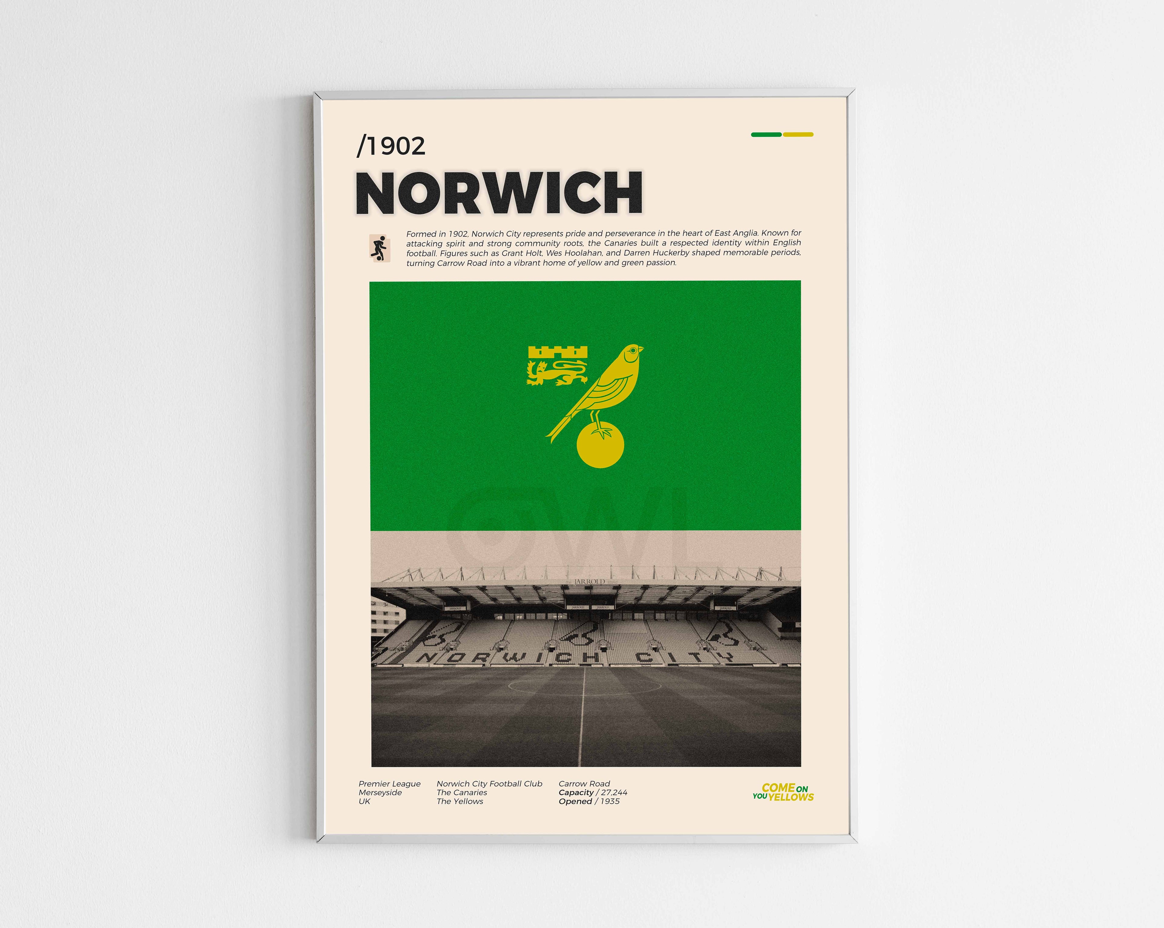 Poster minimaliste encadré du club Norwich City bien visible sur fond blanc, impression premium 300g.