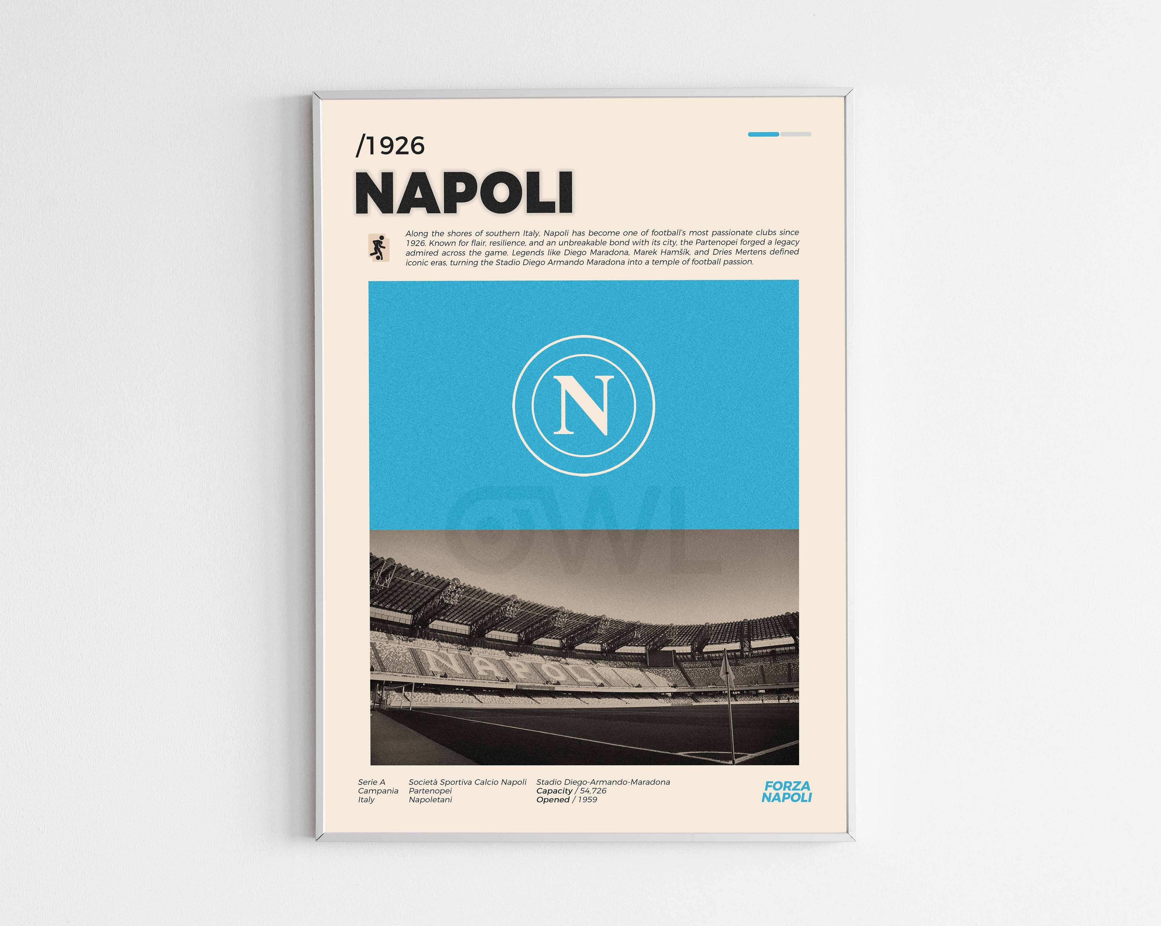 Poster minimaliste encadré du club SSC Napoli bien visible sur fond blanc, impression premium 300g.