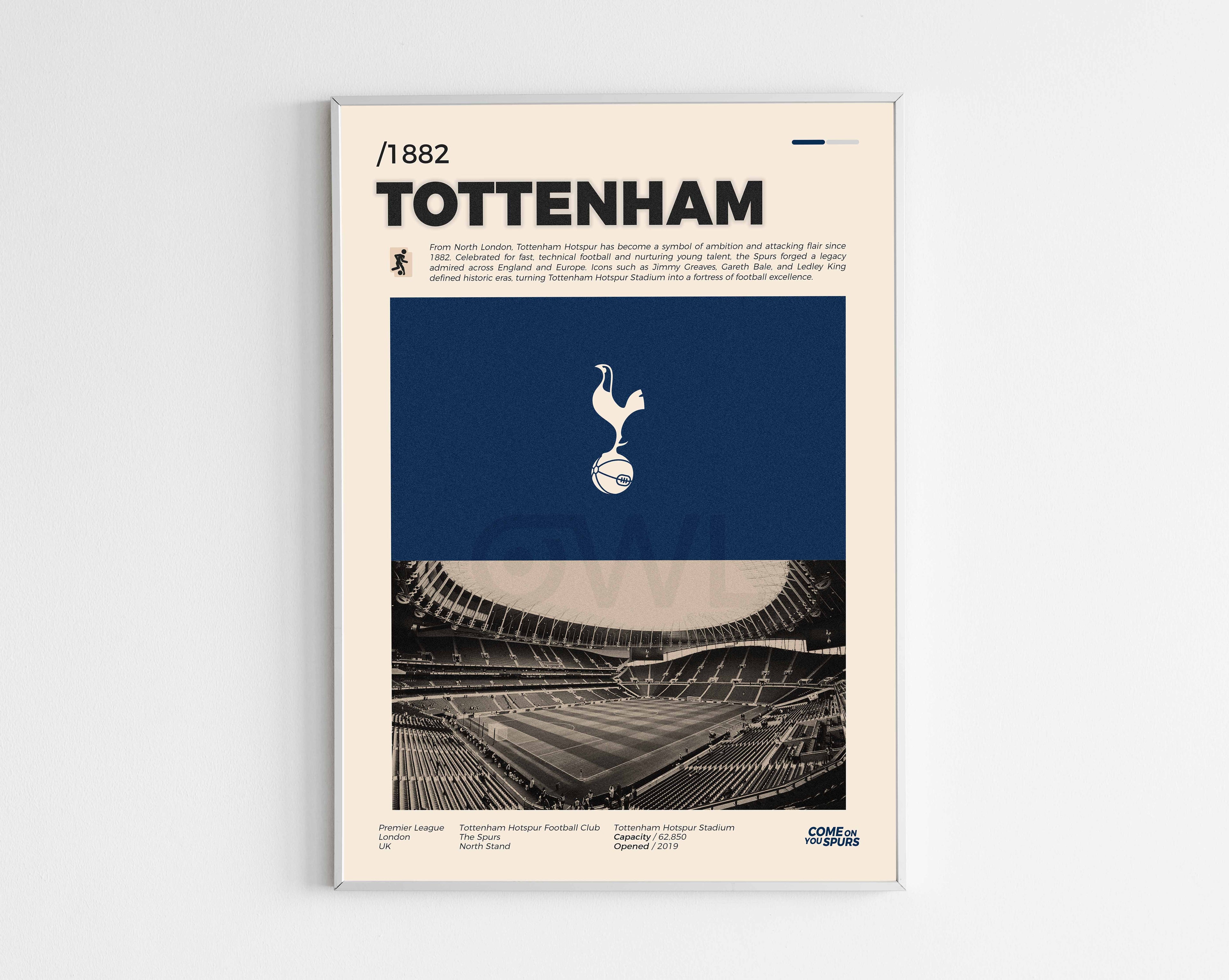 Poster minimaliste encadré du club Tottenham Hotspur bien visible sur fond blanc, impression premium 300g.