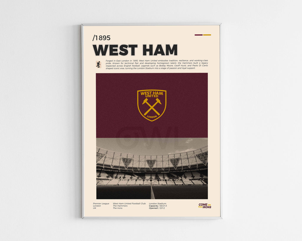 Poster minimaliste encadré du club West Ham United bien visible sur fond blanc, impression premium 300g.